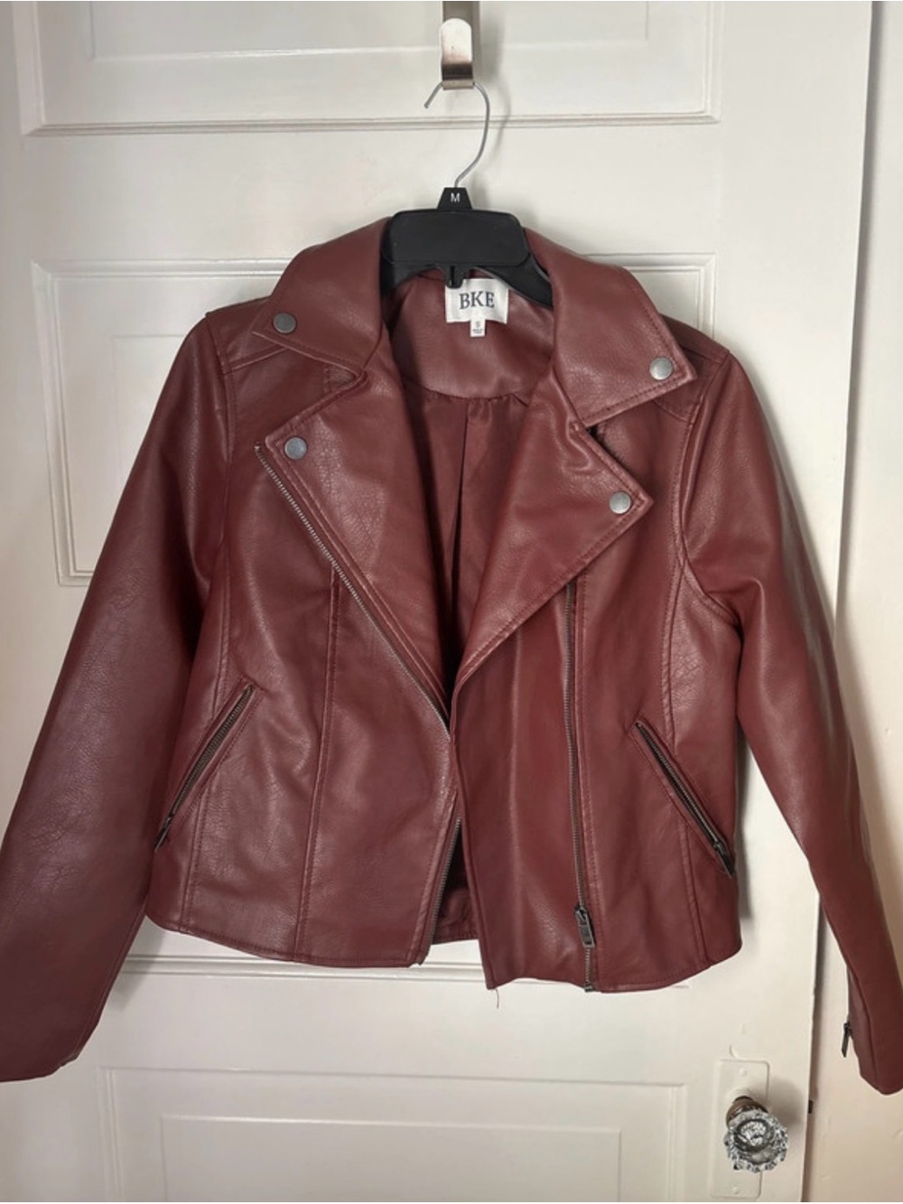 BKE Women's Burgundy Faux Leather Moto Jacket